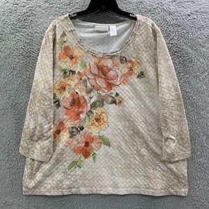 ALFRED DUNNER Blouse Womens 2X Top Floral Beige White Art To Wear